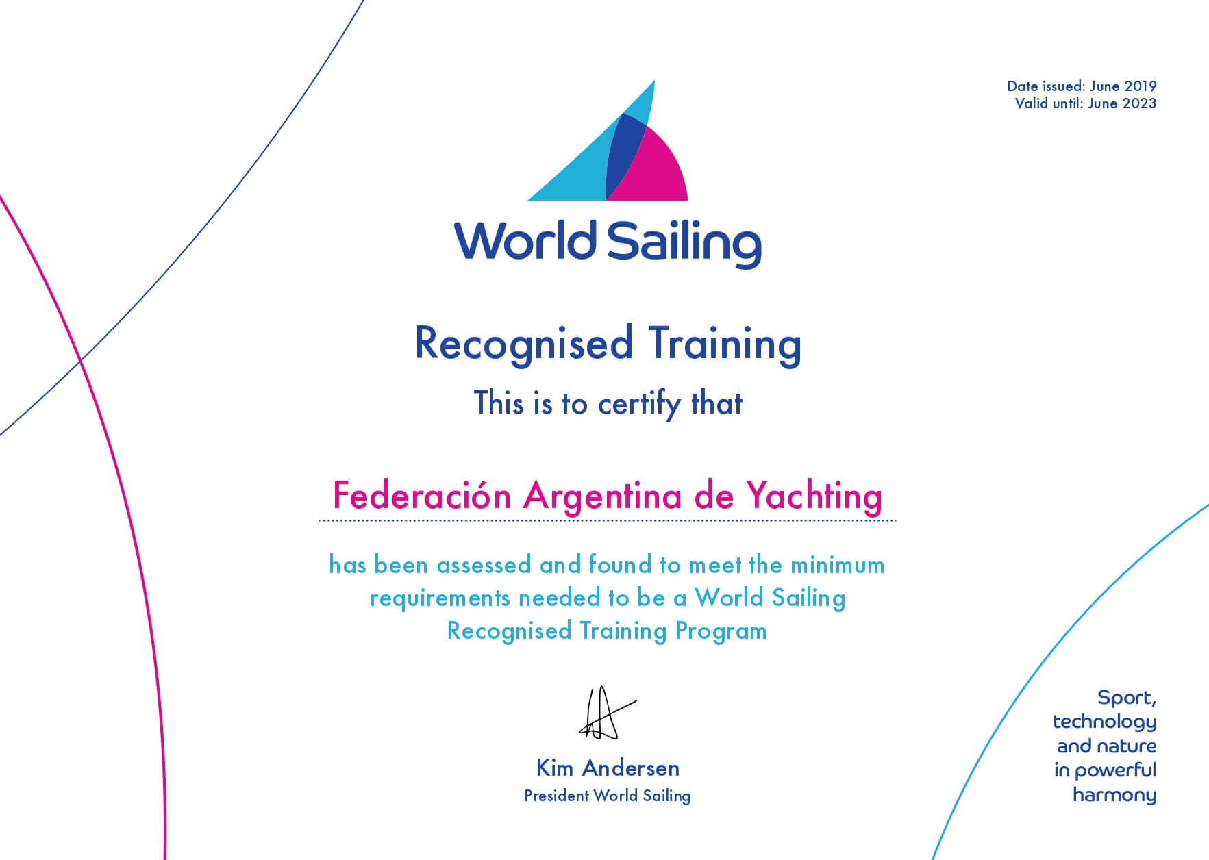 World Sailing Training Program Certificate - Certificado de Requisitos de Entrenamiento World Sailing - FAY
